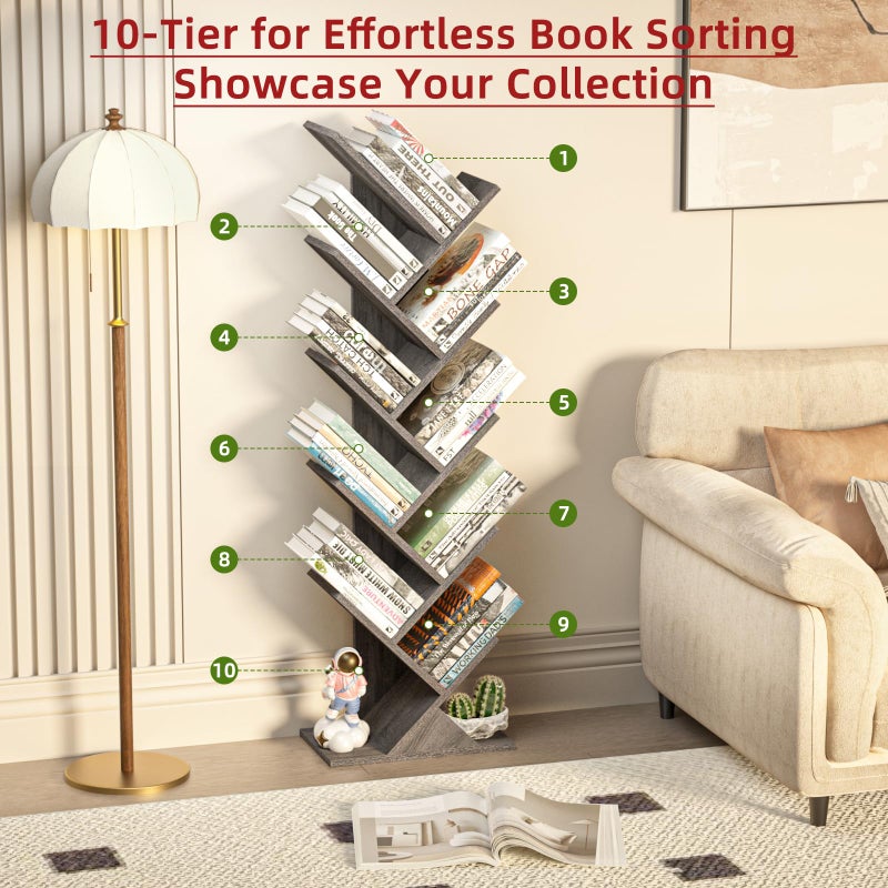 SHEEPAM 10 Tier Tree Book Shelf, Floor Standing Wood Bookshelf for Narrow Space, Storage Organizer Bookshelves for Books/CDs/Magazine, Bookcase with Shelves for Home Office, Living Room - Light Grey - Image 3