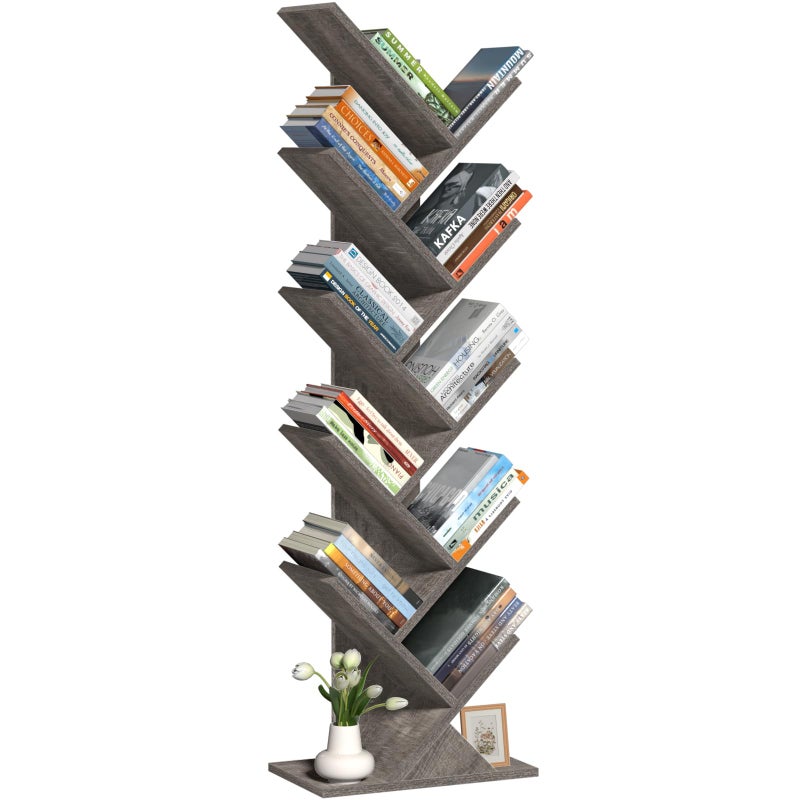 SHEEPAM 10 Tier Tree Book Shelf, Floor Standing Wood Bookshelf for Narrow Space, Storage Organizer Bookshelves for Books/CDs/Magazine, Bookcase with Shelves for Home Office, Living Room - Light Grey - Image 1