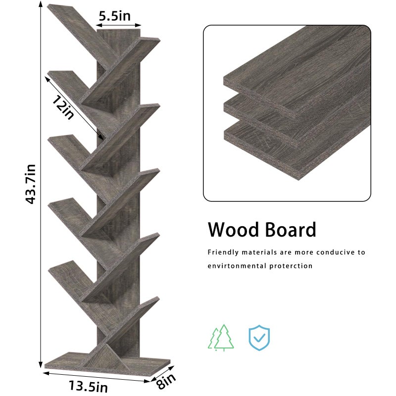 SHEEPAM 10 Tier Tree Book Shelf, Floor Standing Wood Bookshelf for Narrow Space, Storage Organizer Bookshelves for Books/CDs/Magazine, Bookcase with Shelves for Home Office, Living Room - Light Grey - Image 5