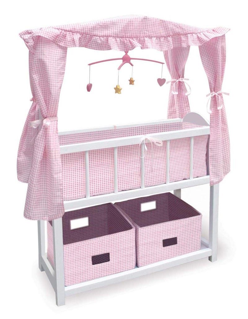 Badger Basket Doll Crib with Bedding, Storage Baskets, Mobile & Personalization Kit - Ideal Nursery Set for Dolls Up to 22 Inches, Best for Doll Accessories & Playtime - White/Pink - Image 1
