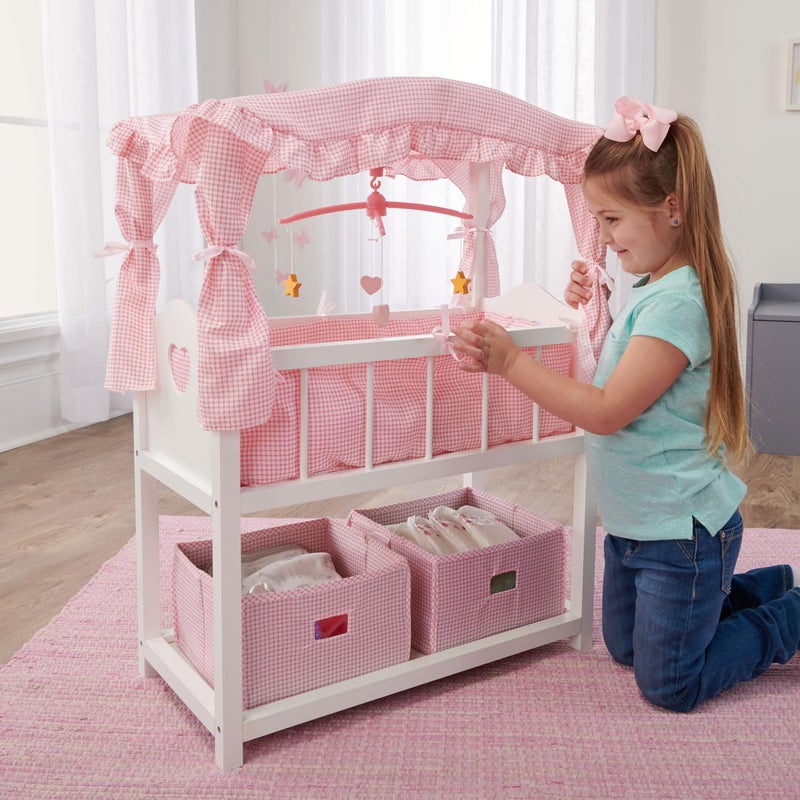 Badger Basket Doll Crib with Bedding, Storage Baskets, Mobile & Personalization Kit - Ideal Nursery Set for Dolls Up to 22 Inches, Best for Doll Accessories & Playtime - White/Pink - Image 5