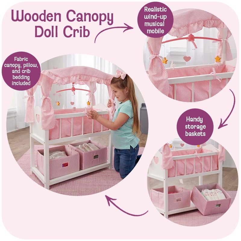 Badger Basket Doll Crib with Bedding, Storage Baskets, Mobile & Personalization Kit - Ideal Nursery Set for Dolls Up to 22 Inches, Best for Doll Accessories & Playtime - White/Pink - Image 2