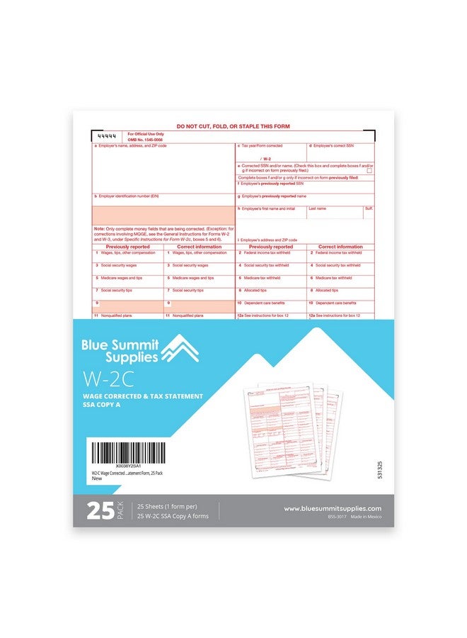 بلو سوميت سابلايز بيانات الأجور والضرائب المصححة W2-C 2024، نسخة SSA A، نموذج W-2 C 25، إرسال نماذج تصحيح الأجور، متوافقة مع Quickbooks وبرامج المحاسبة، حزمة من 25 نموذجًا - Image 2