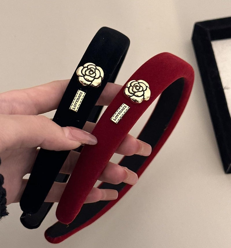 TEBIEKOY 2Pcs Velvet Padded Headbands for Women Soft Head Bands for Womens Hair Non Slip Flower Decor Fashion Head Bands Black Red Velvet Hairbands Vintage Hair Accessories