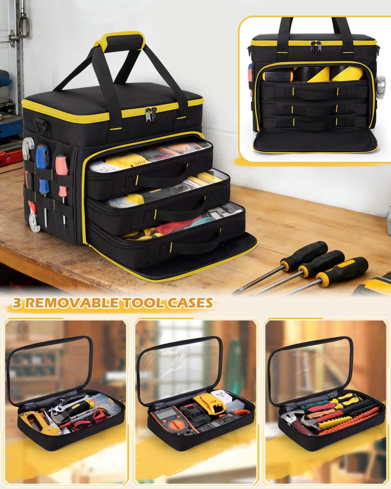Marscamd 2 Layers Tool Bag with 3 Clear Window Removable Cases, Heavy Duty Tool Tote with Molle Webbing and Detachable Shoulder Strap, Black/Yellow - Image 2