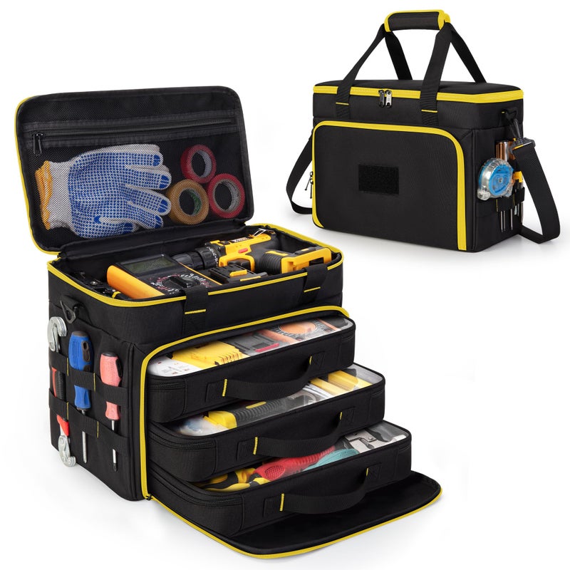 Marscamd 2 Layers Tool Bag with 3 Clear Window Removable Cases, Heavy Duty Tool Tote with Molle Webbing and Detachable Shoulder Strap, Black/Yellow - Image 1