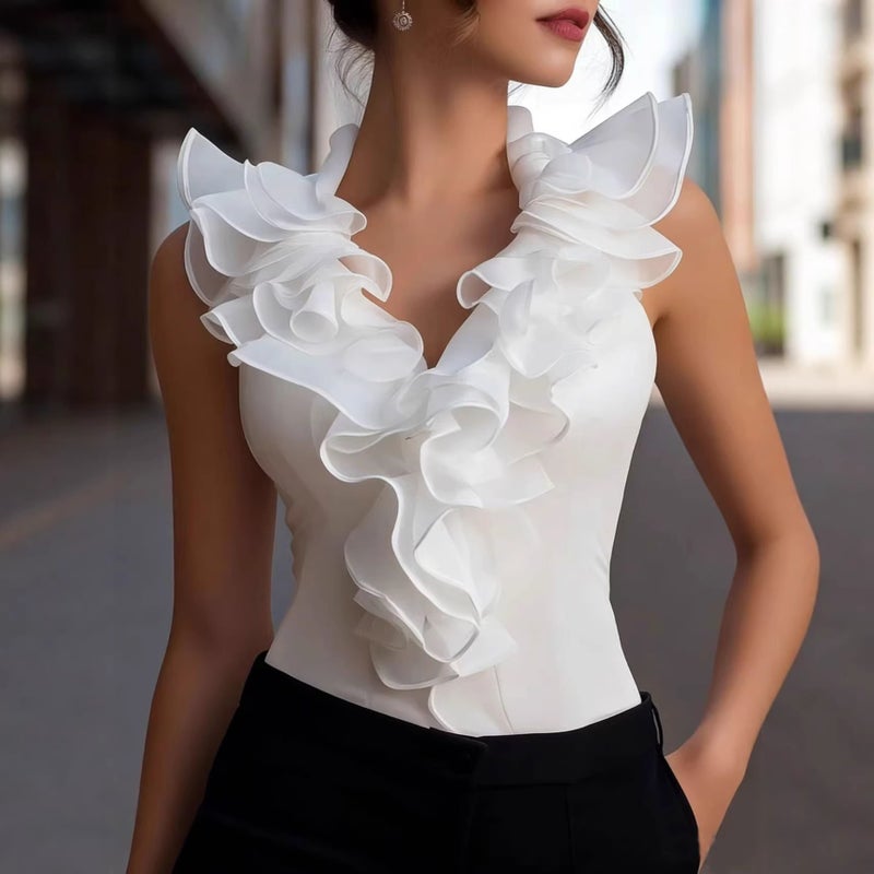 Women's Ruffle V-Neck Sleeveless Blouse Zip Slim Fit - Image 1