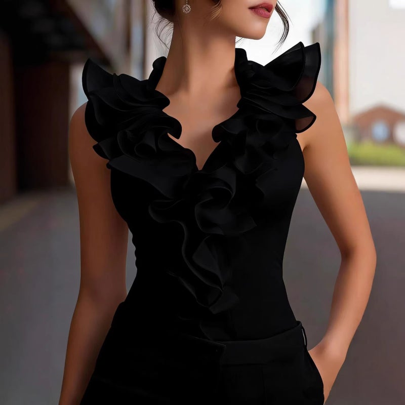 Women's Ruffle V-Neck Sleeveless Blouse Zip Slim Fit - Image 2