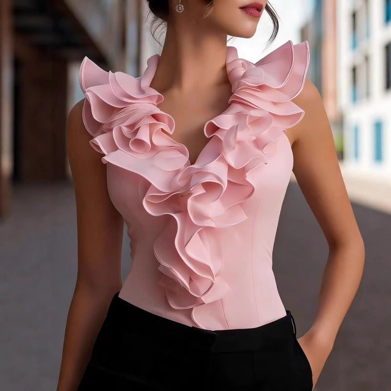 Women's Ruffle V-Neck Sleeveless Blouse Zip Slim Fit - Image 3