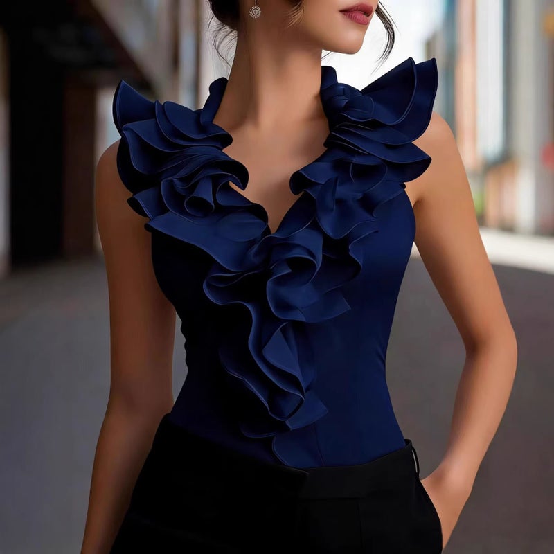 Women's Ruffle V-Neck Sleeveless Blouse Zip Slim Fit - Image 4