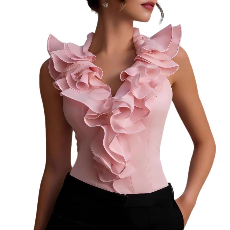 Women's Ruffle V-Neck Sleeveless Blouse Zip Slim Fit - Image 5