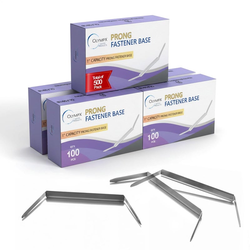 OLYMPX 500 Pcs of 1â€ Capacity Premium Metal Prong Paper Fastener Bases, 2.75 Inch Base for Paper File Clip Folder Accessories, Pack of 5 Boxes, 100 Bases per Box - Image 1