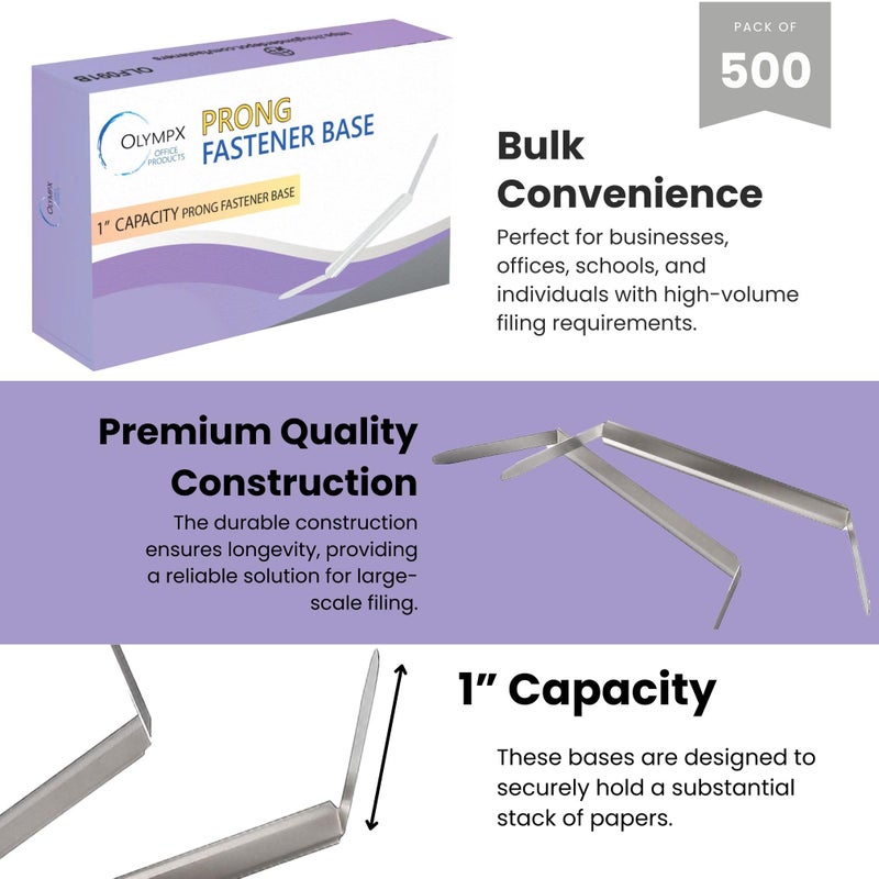 OLYMPX 500 Pcs of 1â€ Capacity Premium Metal Prong Paper Fastener Bases, 2.75 Inch Base for Paper File Clip Folder Accessories, Pack of 5 Boxes, 100 Bases per Box - Image 2