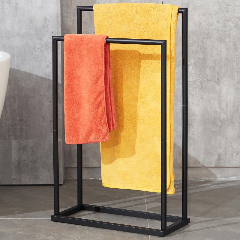 DECLUTTR Free Standing Towel Rack, 2 Tier Towel Racks for Bathroom with Storage Shelves, Modern Outdoor Standing Towel Drying Rack for Poolside, Black Blanket Rack Holder, DECLUTTR - Image 1