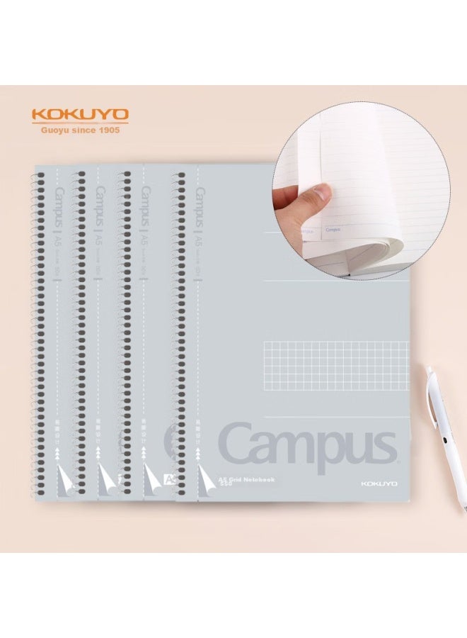 كوكويو Kokuyo دفتر الحرم الجامعي بسلك حلزوني، صفحات سهلة التمزيق، شبكة 5 مم، A5 / 50 ورقة، 5 كتيبات رمادية، Wcn-csn3510 - Image 1