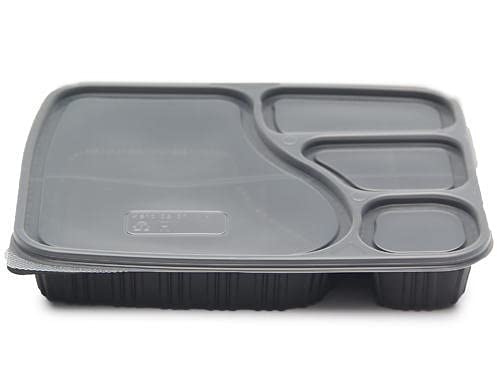 Adaamya® - 4 Compartment - 25 Sets Microwave Dish wash Safe Meal Tray with lid Cover Set of 25pc Plates for Dinner Lunch Unbreakable BPA Free Food Grade Plastic Black (4 Compartment) - Image 3