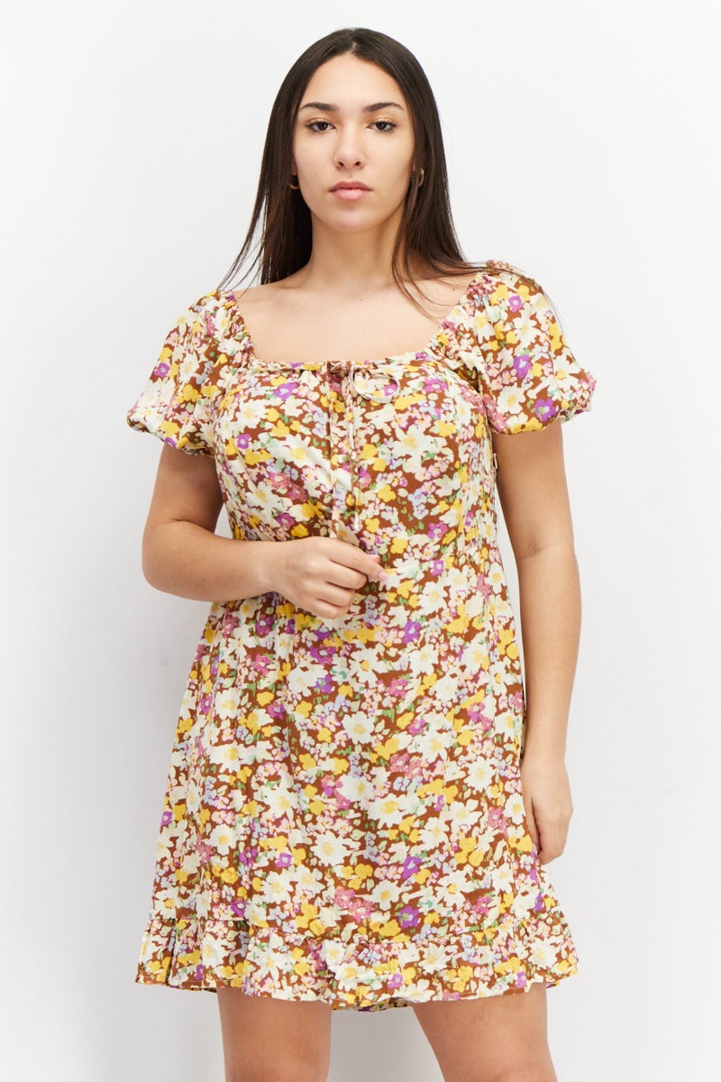 Sanctuary Women Puffed Sleeve Allover Print Mini Dress, Brown - Image 1