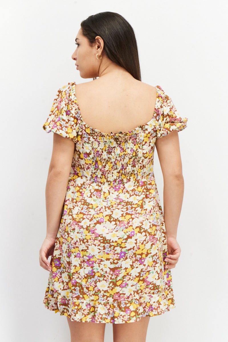 Sanctuary Women Puffed Sleeve Allover Print Mini Dress, Brown - Image 2
