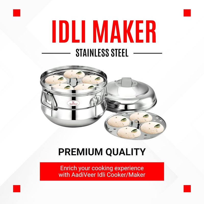 AadiVeer Stainless Steel Idly CookerIdly MakerIdly Pot With 2 Idli Plates 9 Idlies Gas Stove Induction Compatible Dia 215cm - Image 5