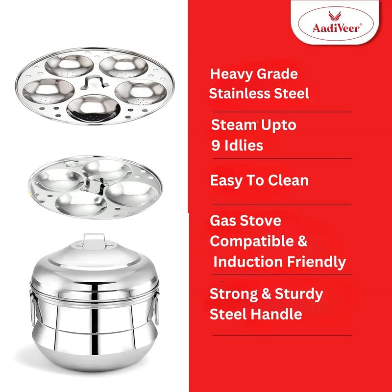 AadiVeer Stainless Steel Idly CookerIdly MakerIdly Pot With 2 Idli Plates 9 Idlies Gas Stove Induction Compatible Dia 215cm - Image 2