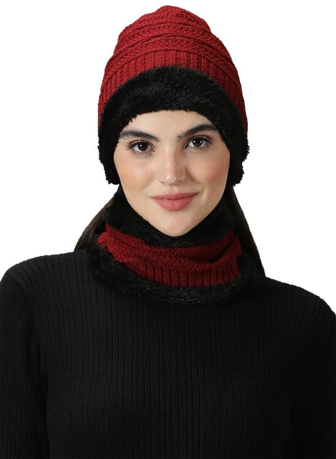 RodZen Women Woolen Winter Cap for Women with Neck Muffler Warn Soft for Snow (2 Piece Set) (Maroon) - Image 1
