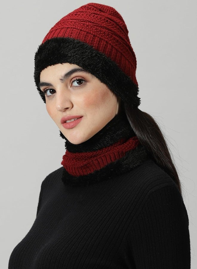 RodZen Women Woolen Winter Cap for Women with Neck Muffler Warn Soft for Snow (2 Piece Set) (Maroon) - Image 3