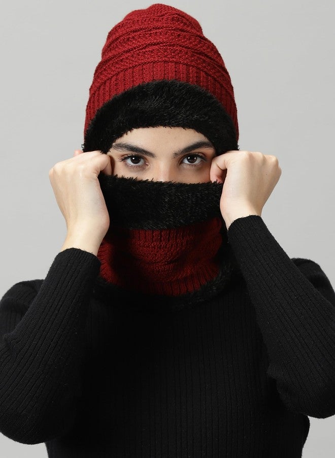 RodZen Women Woolen Winter Cap for Women with Neck Muffler Warn Soft for Snow (2 Piece Set) (Maroon) - Image 4
