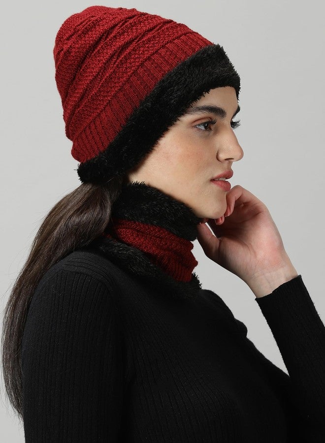 RodZen Women Woolen Winter Cap for Women with Neck Muffler Warn Soft for Snow (2 Piece Set) (Maroon) - Image 2