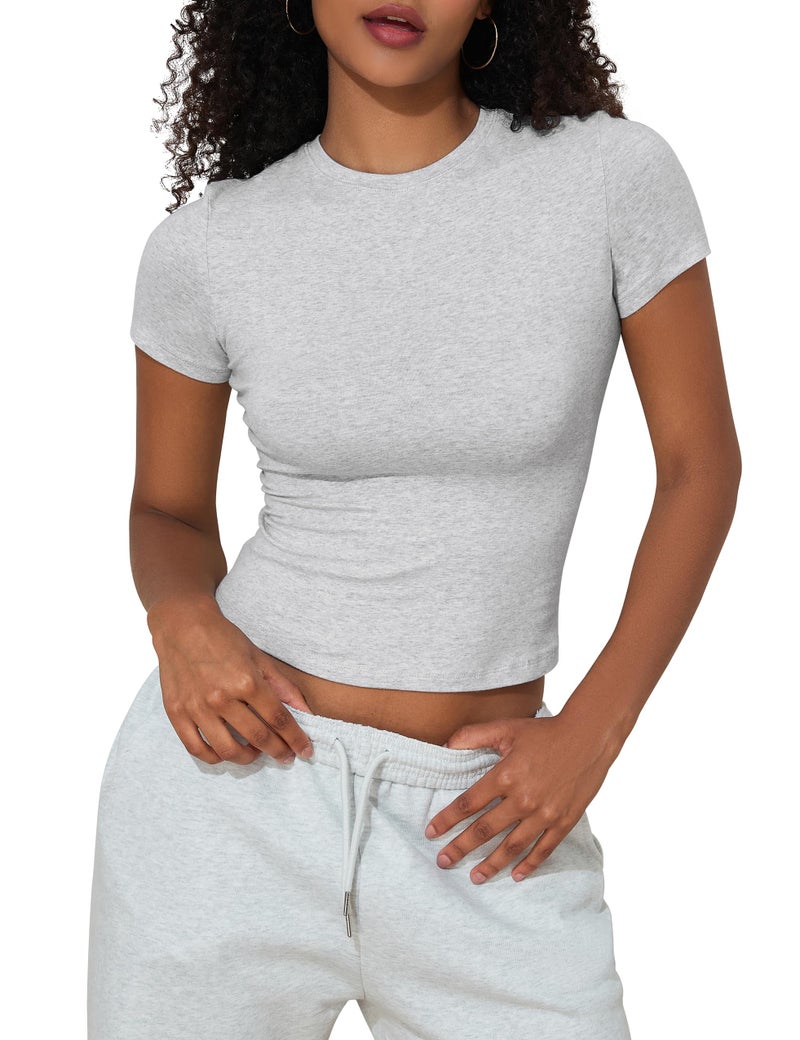PrettyGuide Crew Neck Tight Fitted Shirts for Women Short Sleeve Cotton Jersey T-Shirt Crop Tees Light Heather Grey M - Image 1