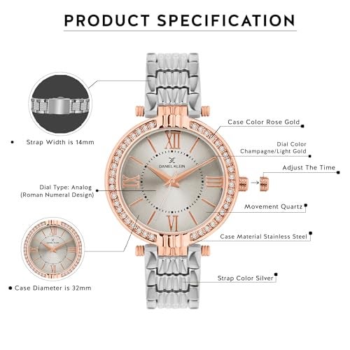 Daniel Klein Analog Silver Round Dial Silver Metal Strap Stone-Studded Water-Resistant Wrist Watch for Women Girls, Ladies DK11138-8 - Image 5