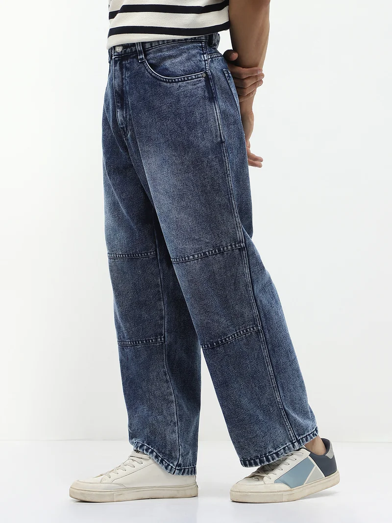 Urbano Fashion Men's Blue Loose Baggy Fit Cut and Sew Panelled Jeans Non-Stretchable