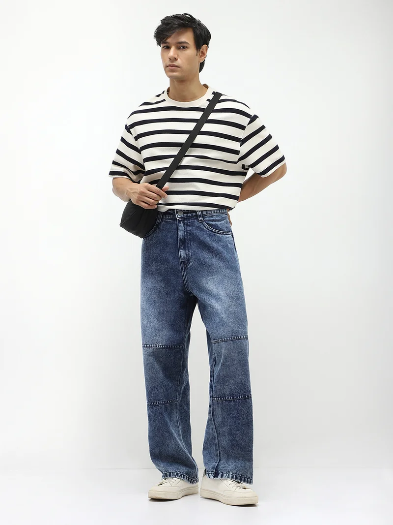 Urbano Fashion  Urbano Fashion Men's Blue Loose Baggy Fit Cut and Sew Panelled Jeans Non-Stretchable  | Best Price UAE