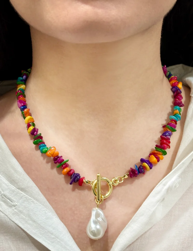 هزمير جولري Aura Gems & Baroque Pearl Choker Necklace
