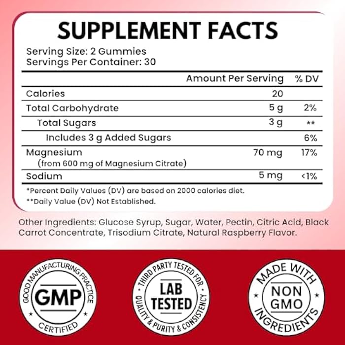 Vitboost Magnesium Citrate Gummies 600mg - 60 Count Vegan Magnesium Gummies for Relaxation & Muscle Support - Natural Raspberry Flavor - Non-GMO, Gluten Free, Plant Based - Image 2