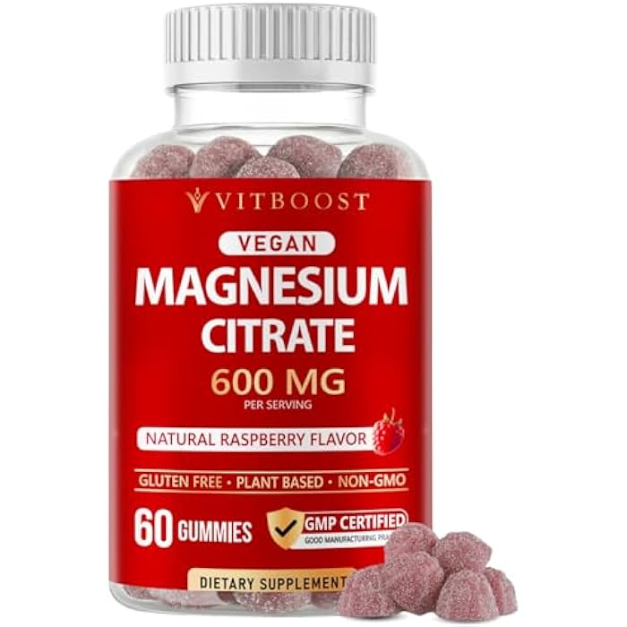 Vitboost Magnesium Citrate Gummies 600mg - 60 Count Vegan Magnesium Gummies for Relaxation & Muscle Support - Natural Raspberry Flavor - Non-GMO, Gluten Free, Plant Based - Image 1