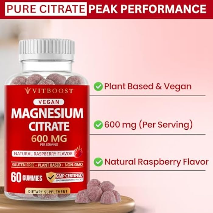 Vitboost Magnesium Citrate Gummies 600mg - 60 Count Vegan Magnesium Gummies for Relaxation & Muscle Support - Natural Raspberry Flavor - Non-GMO, Gluten Free, Plant Based - Image 5