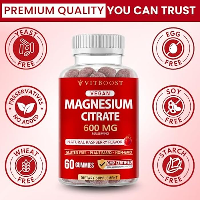 Vitboost Magnesium Citrate Gummies 600mg - 60 Count Vegan Magnesium Gummies for Relaxation & Muscle Support - Natural Raspberry Flavor - Non-GMO, Gluten Free, Plant Based - Image 3