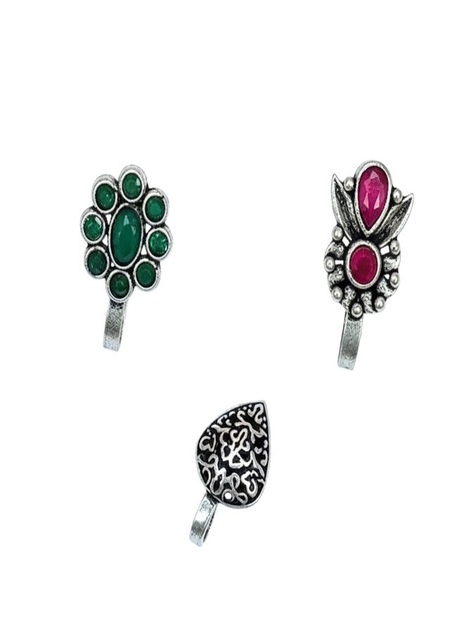 JWELLA Set of 3 Oxidised Silver Antique Tribal Clip On Nose Pin Combo Set for Women and Girls, Stylish Traditional Nosepins with Multiple Designs, Lightweight Nose Jewellery. - Image 1