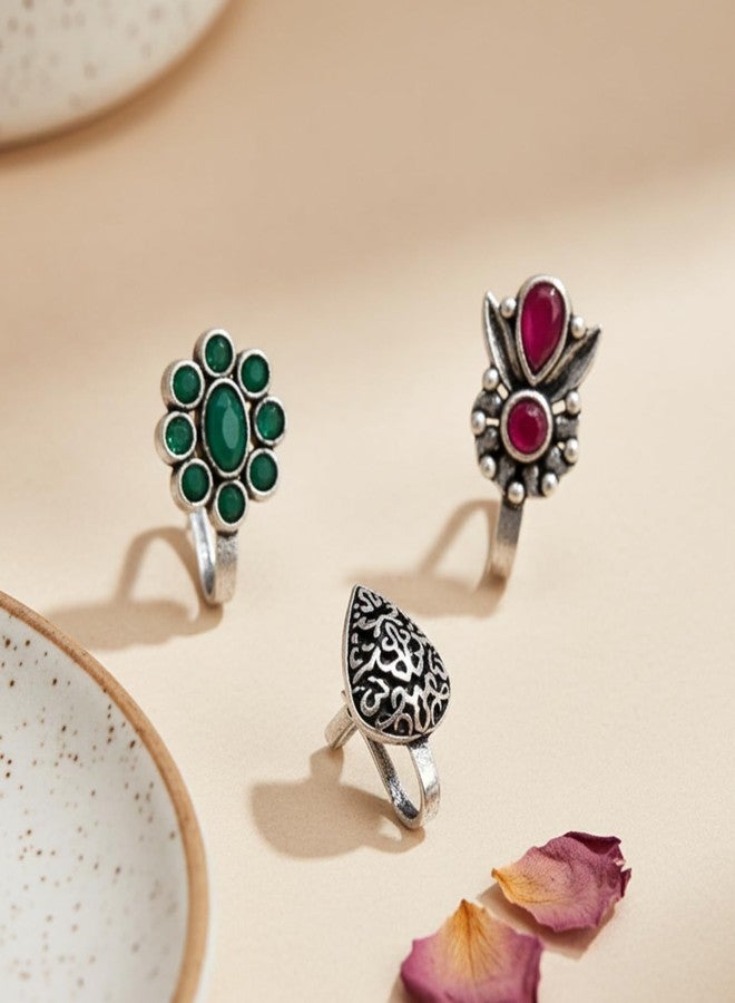 JWELLA Set of 3 Oxidised Silver Antique Tribal Clip On Nose Pin Combo Set for Women and Girls, Stylish Traditional Nosepins with Multiple Designs, Lightweight Nose Jewellery. - Image 2