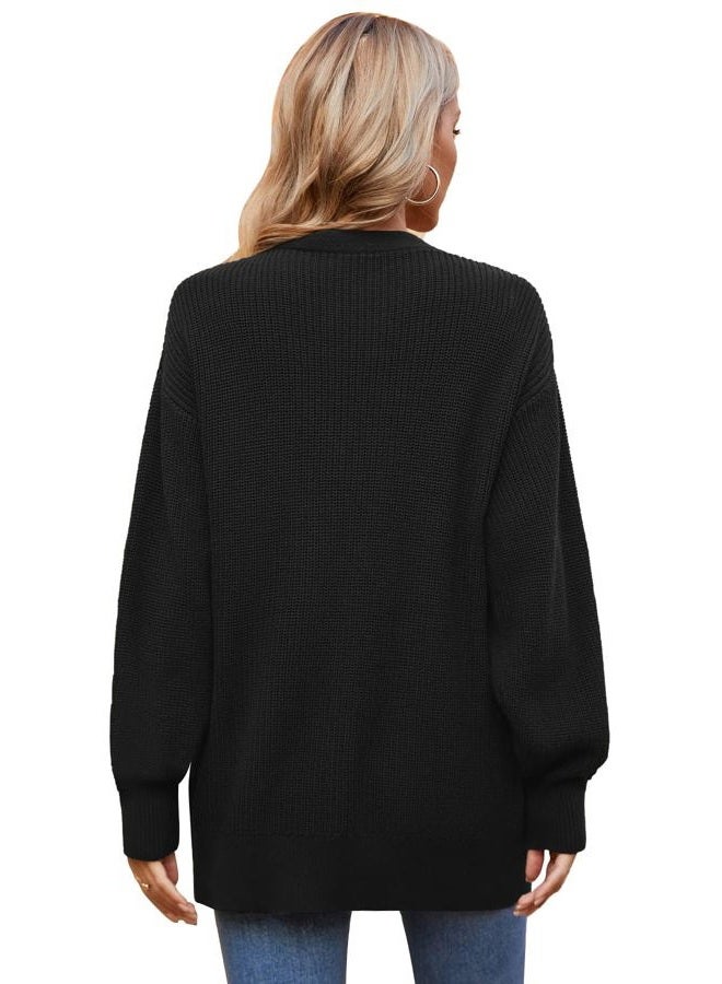 QUALFORT Women's 100% Cotton Cardigans for Women Lantern Sleeve Oversized Sweater with Pockets Womens Fall Cardigans 2025, Black, L - Image 2
