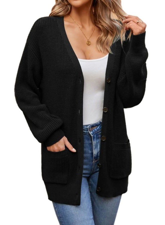 QUALFORT Women's 100% Cotton Cardigans for Women Lantern Sleeve Oversized Sweater with Pockets Womens Fall Cardigans 2025, Black, L - Image 1