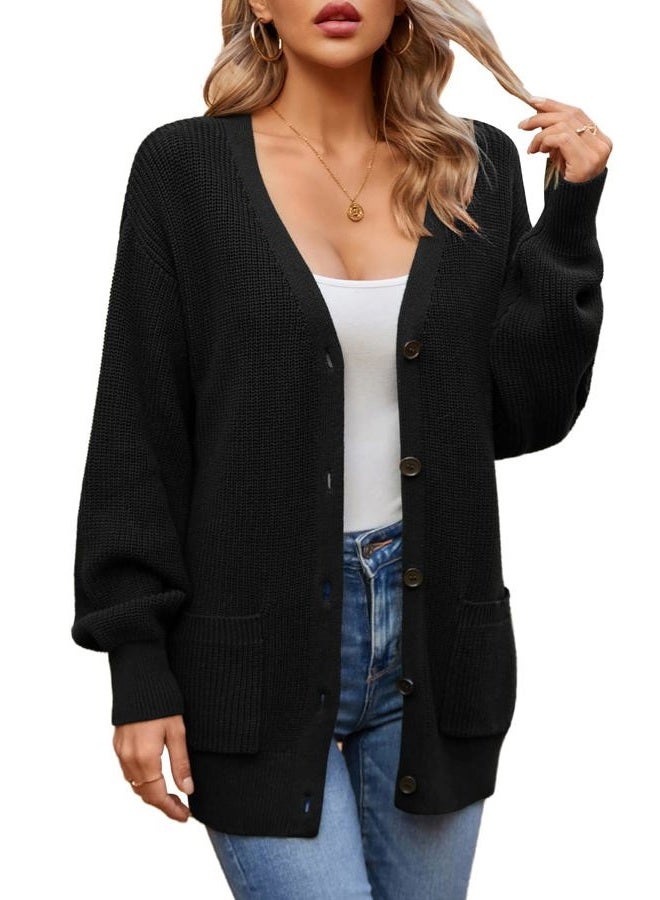 QUALFORT Women's 100% Cotton Cardigans for Women Lantern Sleeve Oversized Sweater with Pockets Womens Fall Cardigans 2025, Black, L - Image 4