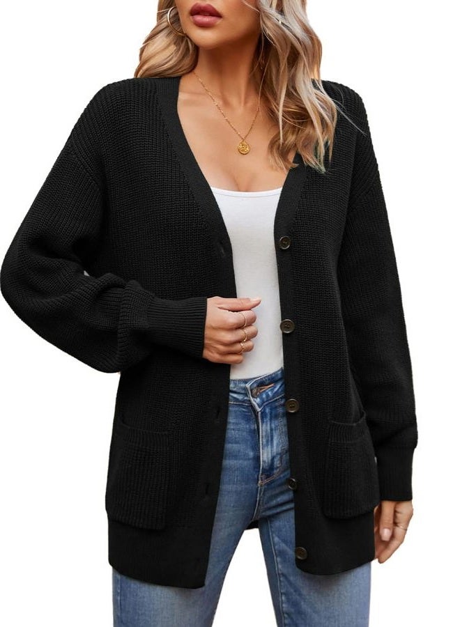 QUALFORT Women's 100% Cotton Cardigans for Women Lantern Sleeve Oversized Sweater with Pockets Womens Fall Cardigans 2025, Black, L - Image 3