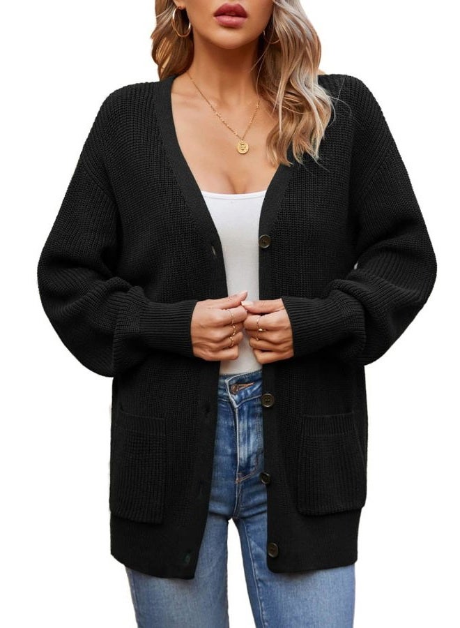 QUALFORT Women's 100% Cotton Cardigans for Women Lantern Sleeve Oversized Sweater with Pockets Womens Fall Cardigans 2025, Black, L - Image 5