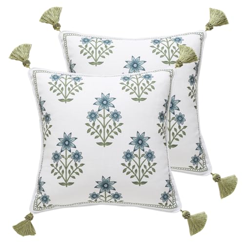 ISAENNE Design Fresh Linen Square Throw Pillow Covers 18"x18" Pack of 2, French White Cottage Cushion Covers with Blue Floral Branches Pattern Decor Pillowcases for Bed,Living Room,Outdoor,Car - Image 1
