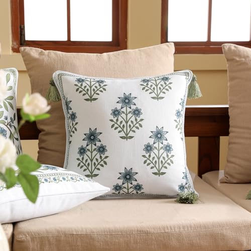 ISAENNE Design Fresh Linen Square Throw Pillow Covers 18"x18" Pack of 2, French White Cottage Cushion Covers with Blue Floral Branches Pattern Decor Pillowcases for Bed,Living Room,Outdoor,Car - Image 2