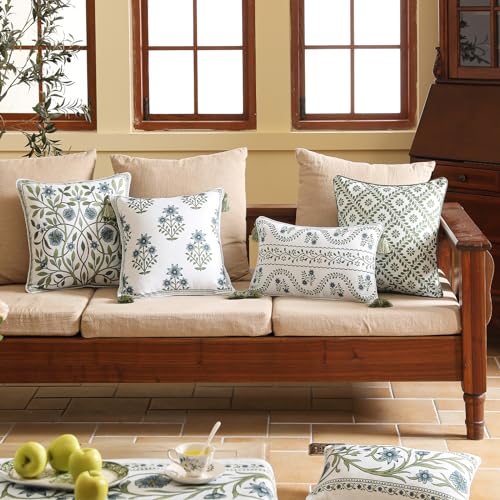 ISAENNE Design Fresh Linen Square Throw Pillow Covers 18"x18" Pack of 2, French White Cottage Cushion Covers with Blue Floral Branches Pattern Decor Pillowcases for Bed,Living Room,Outdoor,Car - Image 3