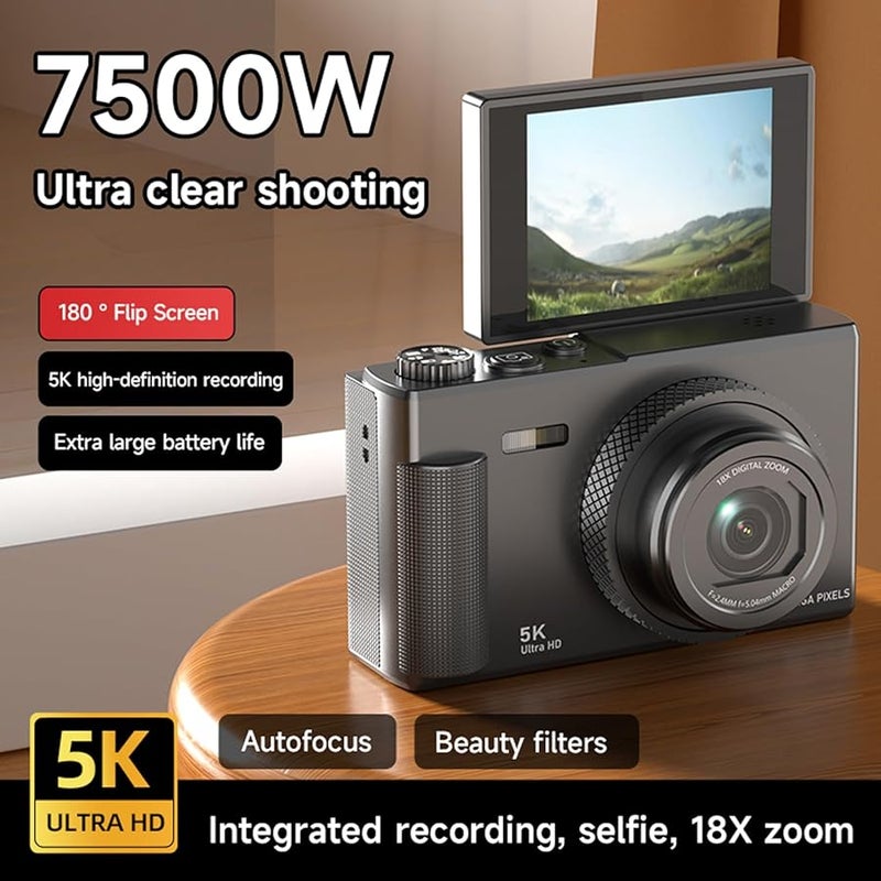 Asixxsix 5K 75MP Digital Camera 18X Zoom Autofocus Vlog Camera With 2 8 Inch Flip Screen Black - Image 5