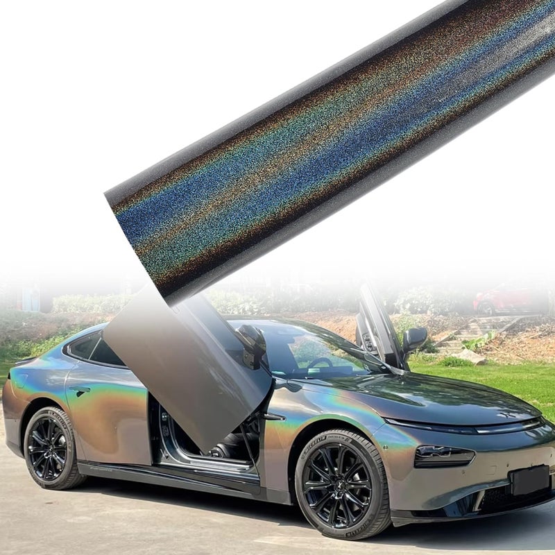 AuMoHall Metallic Holographic Gray Car Vinyl Wrap Gloss Rainbow Gray Chameleon Car Body Protective Film with Sparkling Diamond Color Change Effect DIY Vehicle Wrapping Roll 5984 x 787