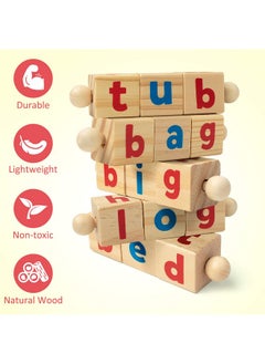 Coogam Coogam Wooden Reading Blocks Short Vowel Rods Spelling Games, Flash Cards Turning Rotating Letter Puzzle for Kids, Site Words Montessori Spinning Alphabet Learning Toy for Preschool Boys Girls  - Image 5
